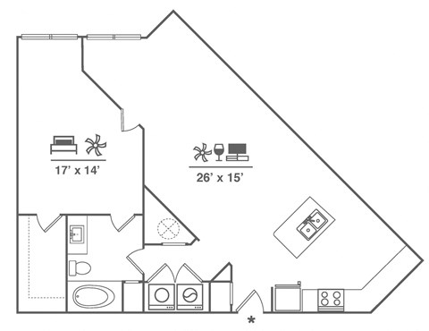 Floor plan for 1 bed, 1 bath, 1060 sqft